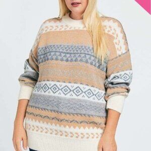 DAVI & DANI Fair Isle Knit Sweater Beige Gray White Cozy Winter Pullover